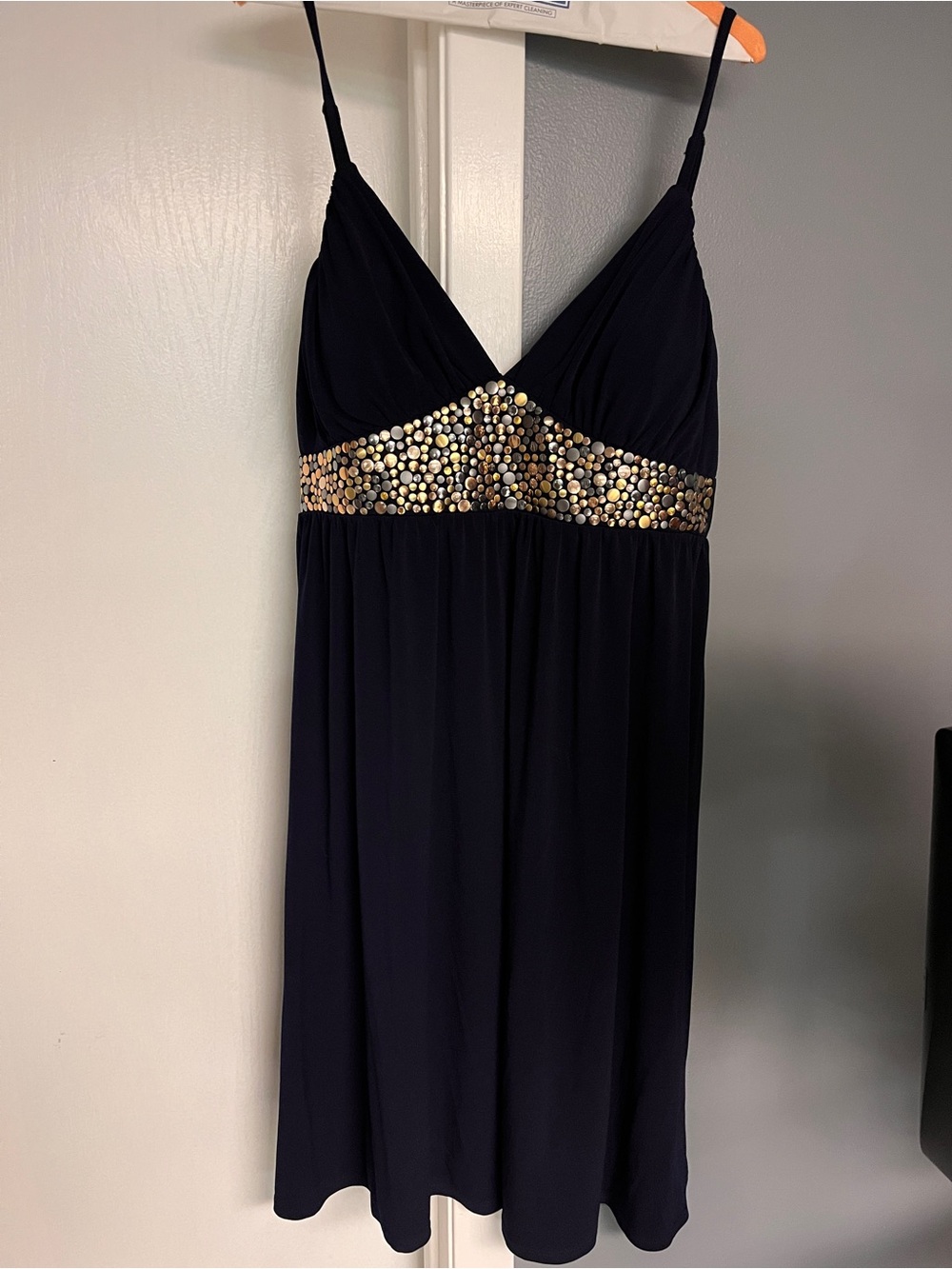 Dark Navy Blue Cocktail Dress with Gold Sequin Band